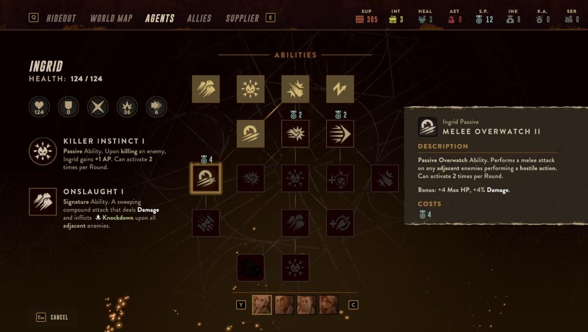 The Lamplighters League agent skill tree screenshot.